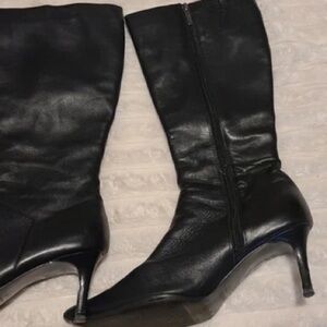 Colin Stuart Black Leather Mid-Calf Heeled Boots with Side Zip